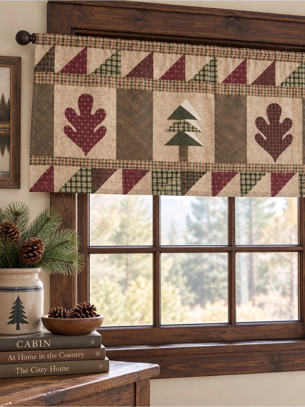 Quilt Print Valance Pine Tree Oak Leaf Cabin Lodge Rustic Country 60x18